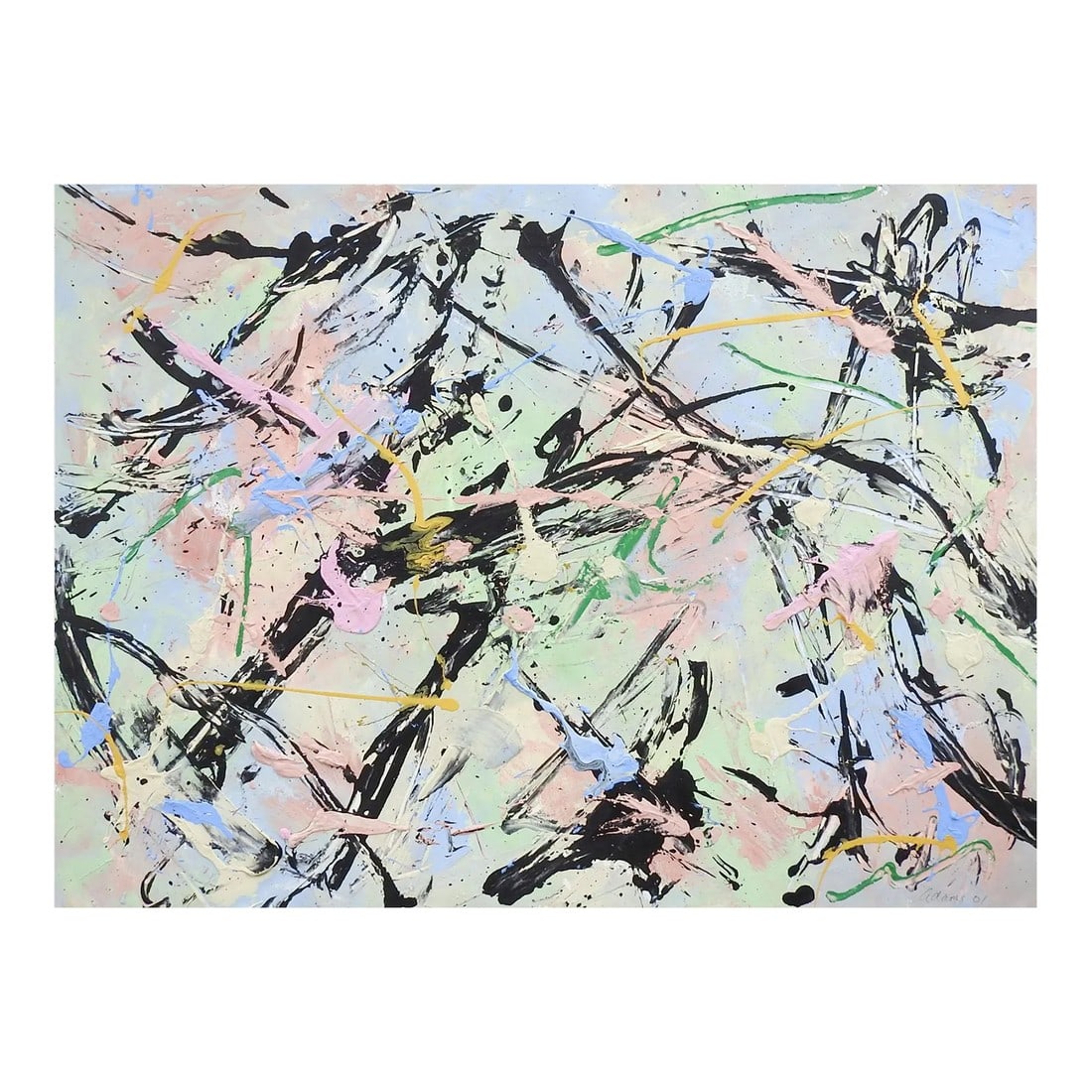 Abstract Style of Jackson Pollock Painting in Pink Blue & Black: Abstract Expressionist painting on heavy paper, heavy paint application in spots. In pink, black, blue and green by Jerry Adams (20th - 21st century) American. Signed Adams 2001 lower right.