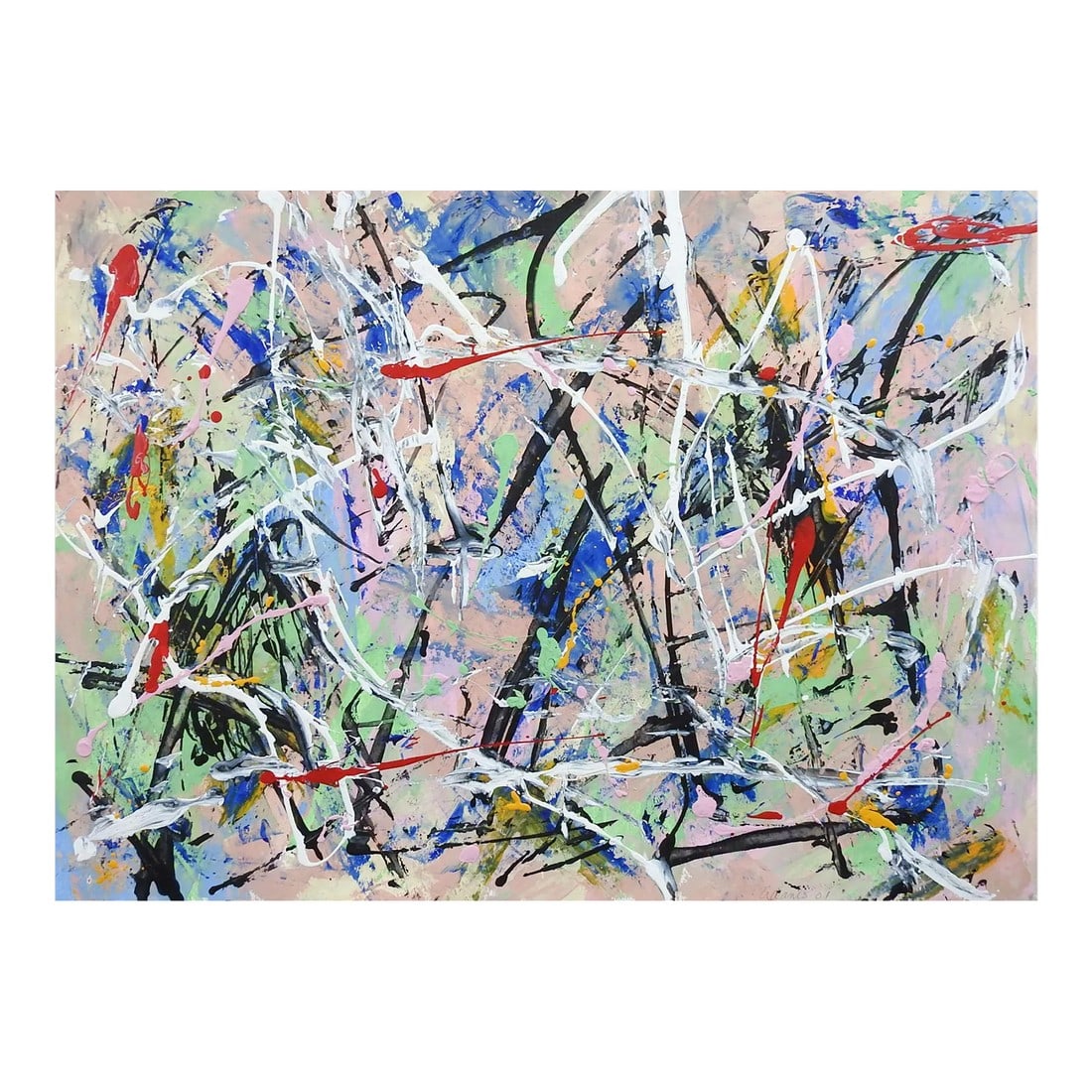 Abstract Style of Jackson Pollock Painting on Paper in Pink White & Black: Abstract Expressionist painting on heavy paper, heavy paint application in spots. In pink, black, white, red, blue and green by Jerry Adams (20th - 21st century) American. Signed Adams 2001 lower