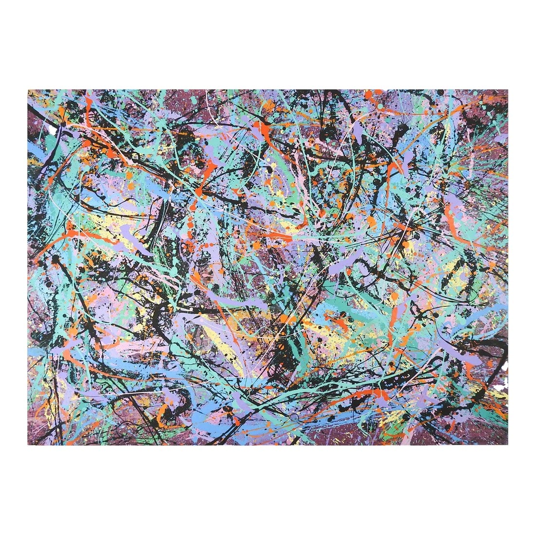 Abstract Expressionist Painting on Paper in Lavender & Turquoise Style of Jackson Pollock: Abstract Expressionist painting on heavy paper, heavy paint application in spots. In black, lavender, yellow, blue and turquoise by Jerry Adams (20th - 21st century) American. Signed Adams and dated