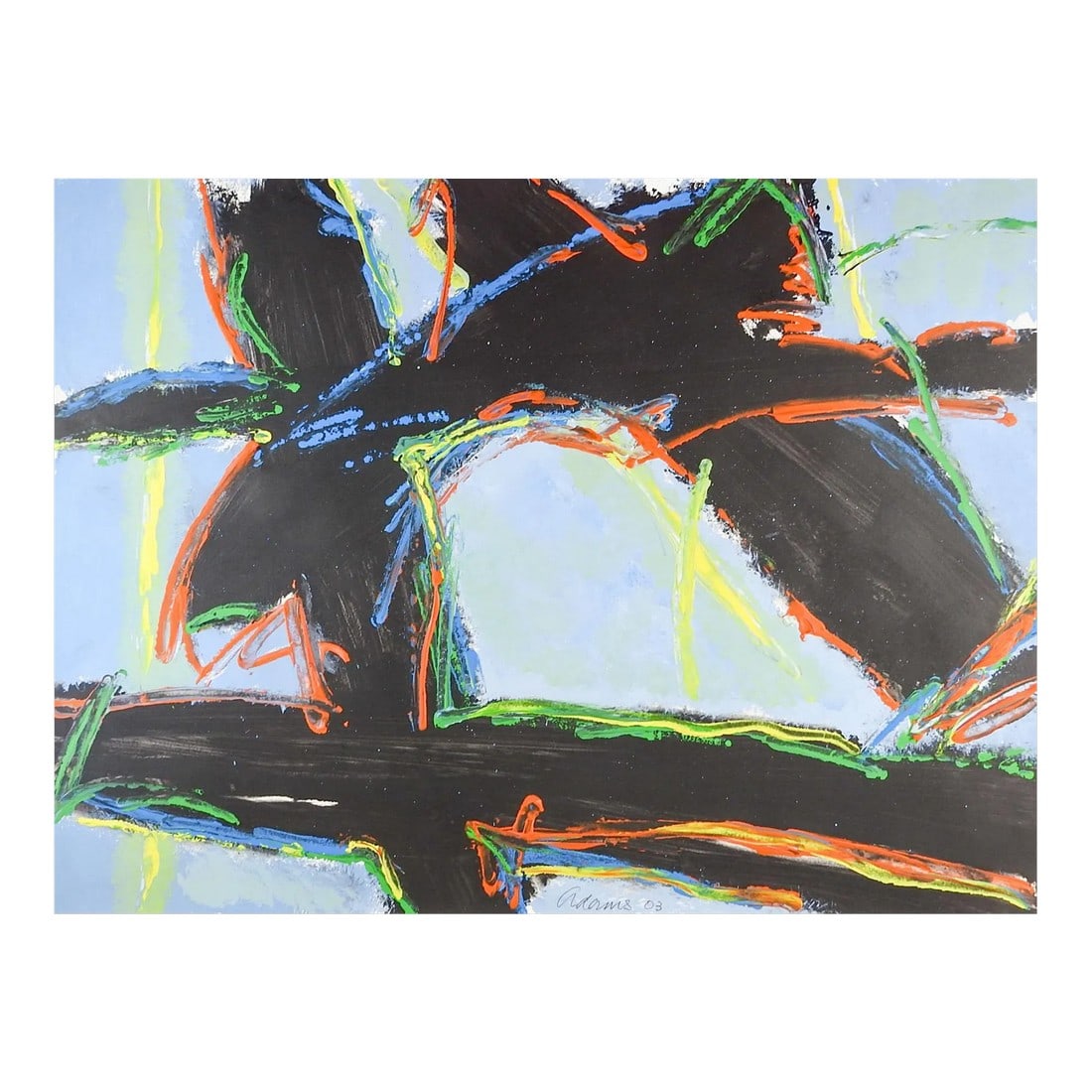 Bold Abstract Expressionist Jerry Adams Painting on Paper: Bold Abstract Expressionist acrylic painting on heavy paper, heavy paint application in spots in black and light blue by Jerry Adams (20th - 21st century) American. Signed and dated 2003 lower