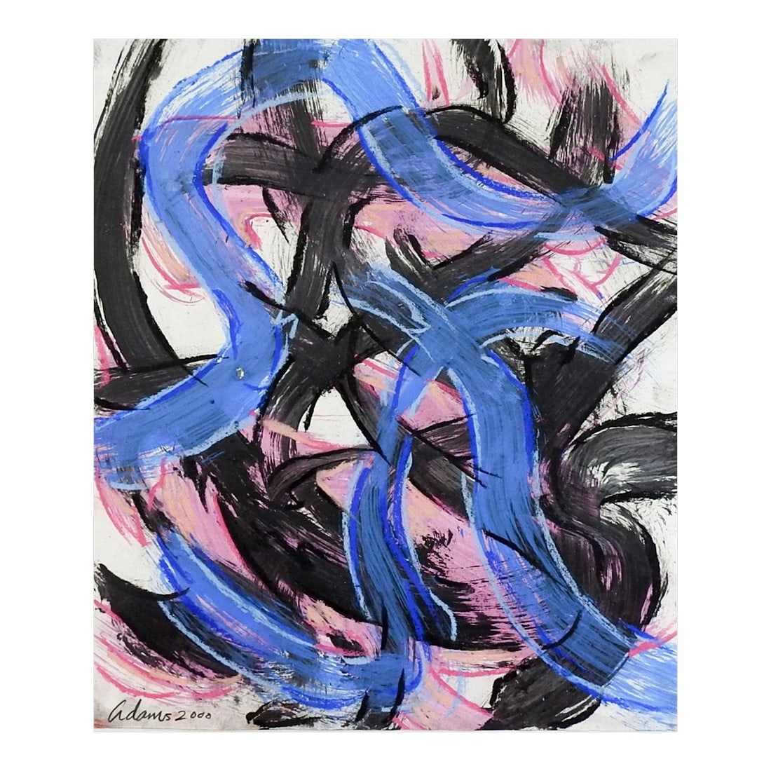Abstract Expressionist Jerry Adams Blue Pink Black Painting on Paper: Abstract Expressionist acrylic painting on heavy paper, heavy paint application in spots by Jerry Adams (20th - 21st century) American. Signed and dated 1999 lower right. Unframed, mounted onto foam
