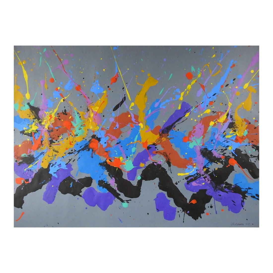 Abstract Expressionist Jerry Adams Blue Mustard Gray Painting on Paper: Gray, blue, red, mustard and black abstract expressionist acrylic painting on heavy paper by Jerry Adams (20th - 21st century) American. Signed and dated 2003 lower right. Unframed, excellent
