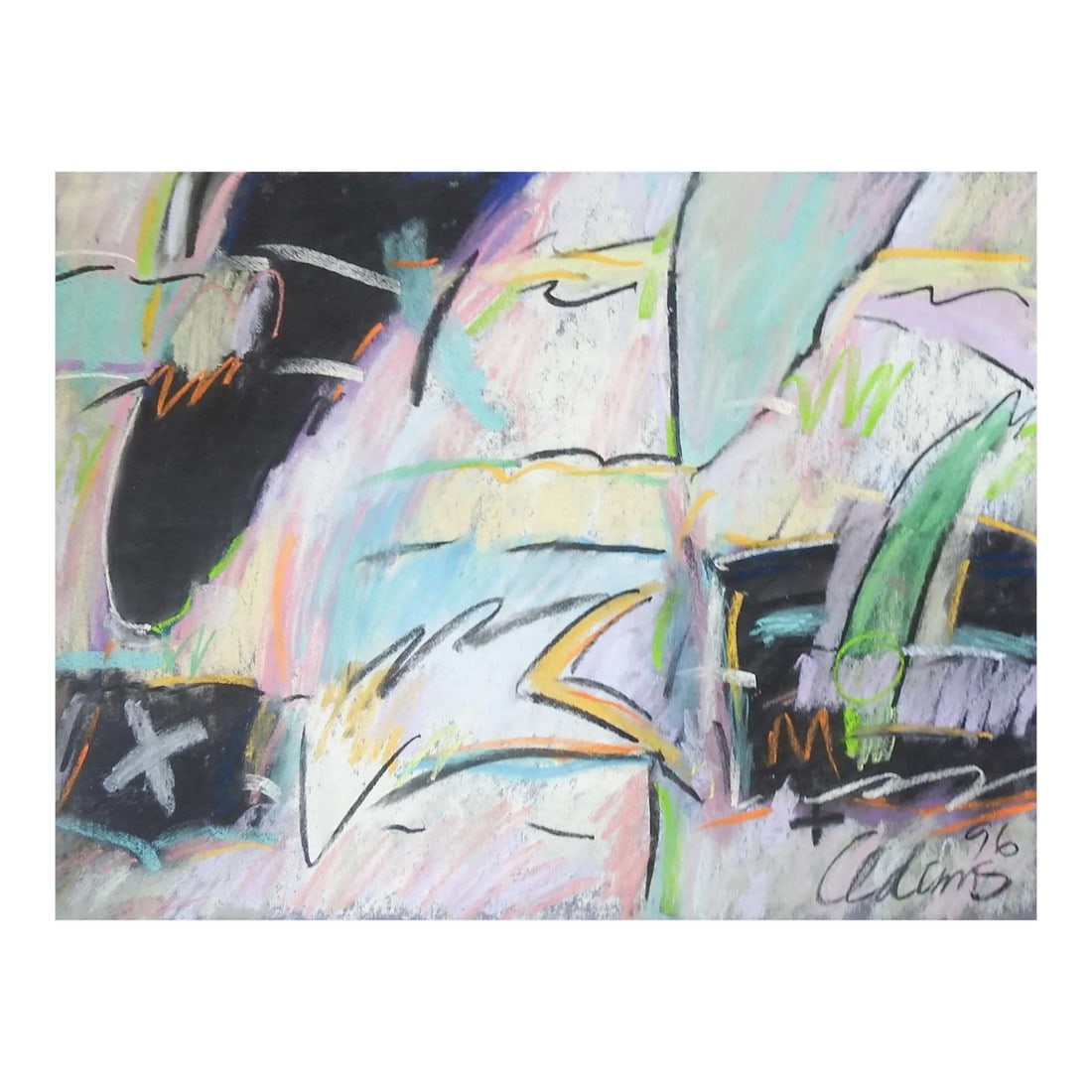 Abstract Expressionist Jerry Adams Pink, Turquoise & Black Pastel Painting: Abstract Expressionist pink, turquoise, yellow & black pastel on paper painting by Jerry Adams (20th-21st century) Texas . Signed and dated 1996 lower edge . Unframed. Condition: Alterations: