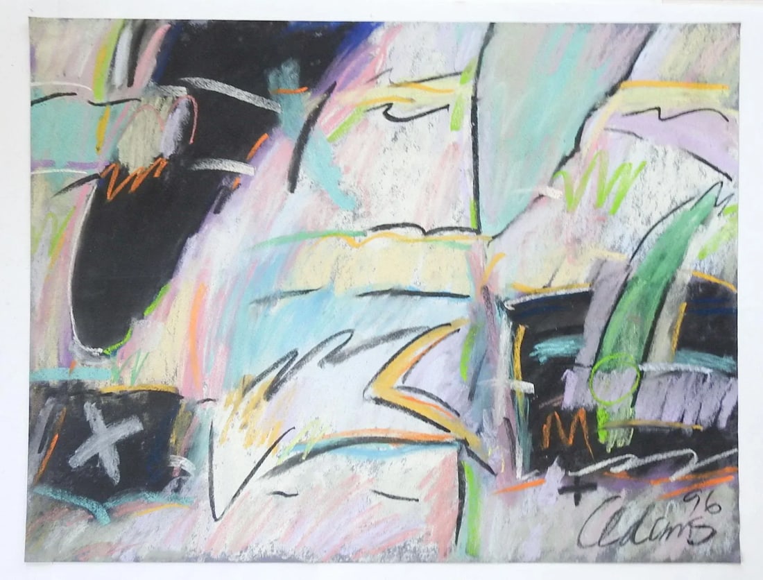 Abstract Expressionist Jerry Adams Pink, Turquoise & Black Pastel Painting - 3