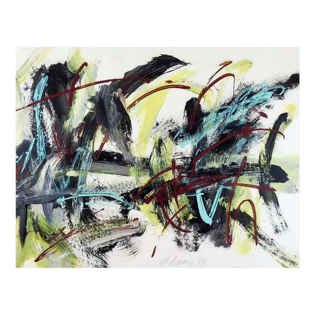 Abstract Expressionist Jerry Adams Lime Black Turquoise Painting on Paper: Abstract Expressionist acrylic painting on paper, heavy paint application in spots by Jerry Adams (20th - 21st century) American. Signed and dated 1999 lower center . Unframed, some cockling at top