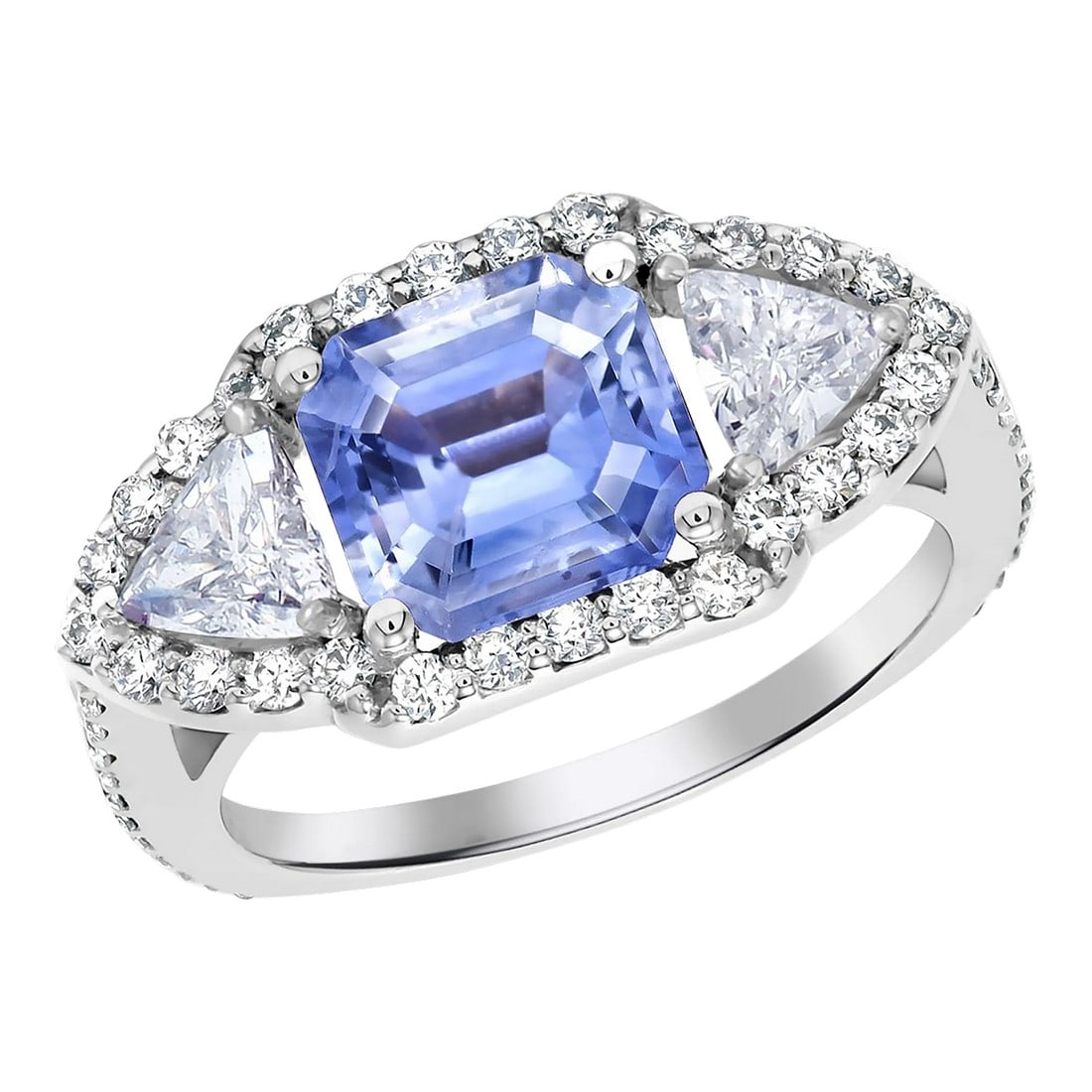 Emerald Shaped Ceylon Sapphire Diamond 3.75 Carat 18 Karat Gold Cocktail Ring Size 6: This is part of Chairish's Fine Jewelry assortment. Introducing the exquisite Cocktail Ring with Emerald Shaped Ceylon Sapphire weighing 2.40 carat, Two Trillion Diamond, weighing 0.50 carat,