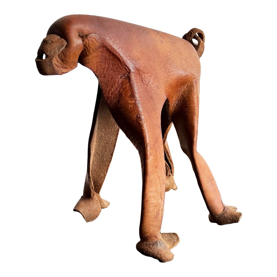 Vintage 1960's Modernist German Leather Monkey by Deru: Awesome vintage c.1960's modernist leather monkey, made in Germany by Deru, imported in the UK by Cross. This is a great piece, fun accessory for your desk or bookcase! It measures 7" tall by approx.