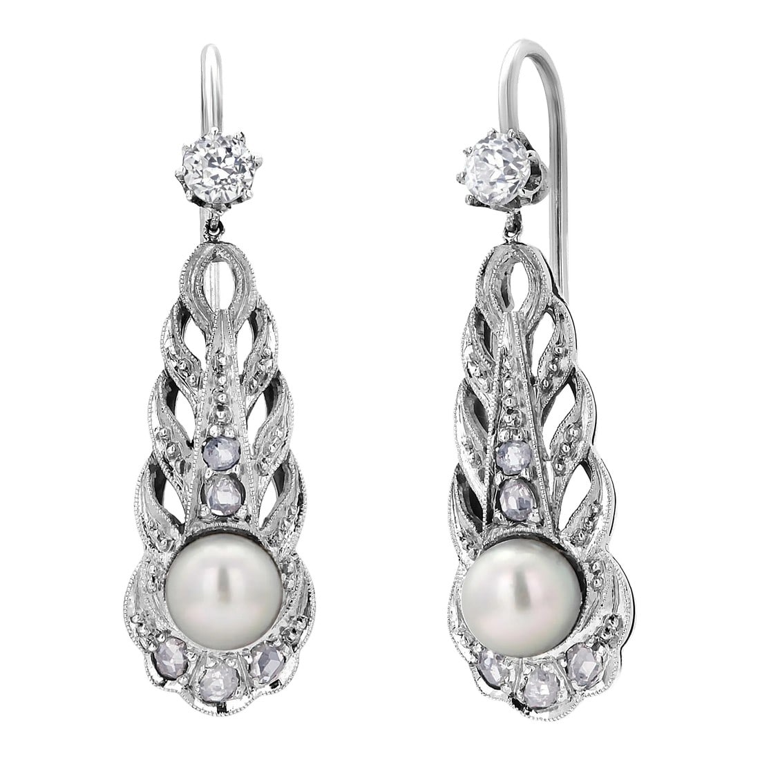 Vintage Art Deco Pearl and Diamond 0.60 Carat 14 Karat White Gold 1.20 Inch Long Hoop Earrings - 2 P: This is part of Chairish's Fine Jewelry assortment. Introducing our exquisite Art Deco Vintage Pearl and Diamond Hoop Earrings, a timeless blend of elegance and sophistication. Crafted with meticulous