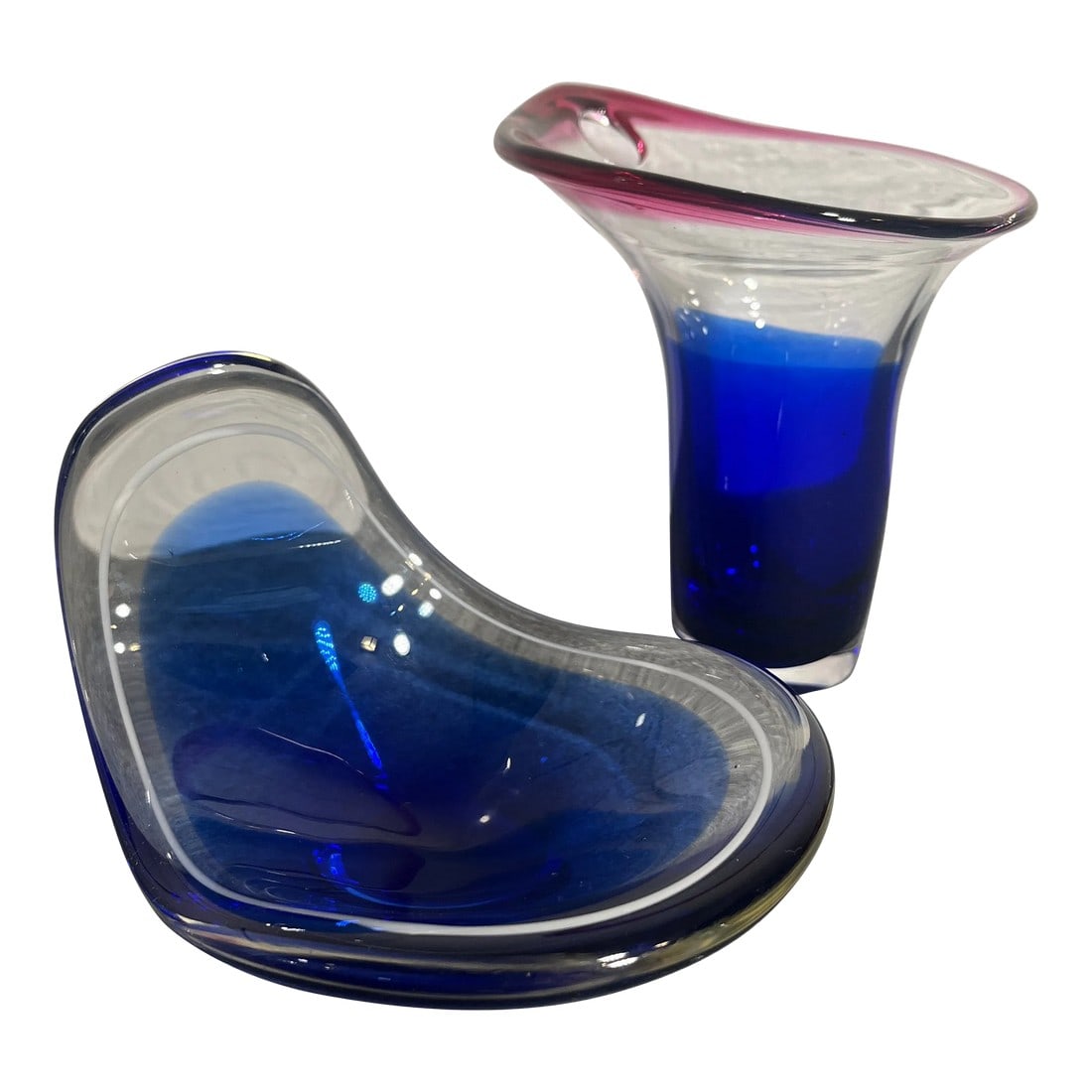Mid 20th Century Flygsfors Coquille Glass Bowl & Vase Set- 2 Pieces: Beautiful free form art glass bowl and vase by Flysfors in vivid colors of blue, white, and magenta. Bowl C.1955 signed by Paul Kedelev to underside. Standing vase C.1958 signed by Wiktor Berndt.