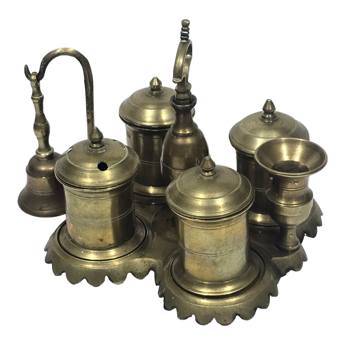 French Louis Philippe Bronze Inkwell and Bell Set Circa 1840: Perfect condition, no missing parts, no dings. Extremely rare French Louis Philippe Bronze Inkwell and Bell Set with Candle Holder circa 1840. Size: 6 x 10 x 6.5". The shaped and footed platform or