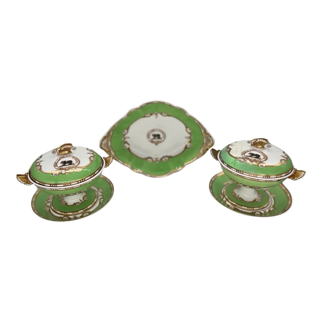 Set Spode Felspar Heraldric "Bear & Forbear" Dessert Tray & Covered Sauce Compotes C. 1840 (1 of 11)