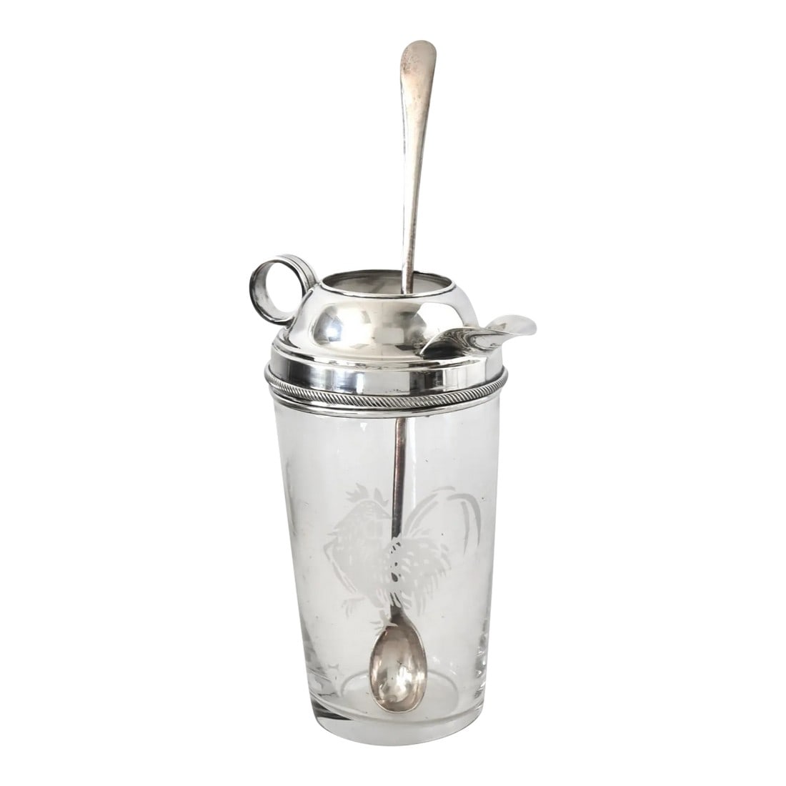 James Dixon English Cocktail Mixer: An excellent quality original Art Deco English silver plated and glass cocktail mixer with spoon, etched with a cockerel, by James Dixon Circa 1920. This pattern is rare and highly collectible. The