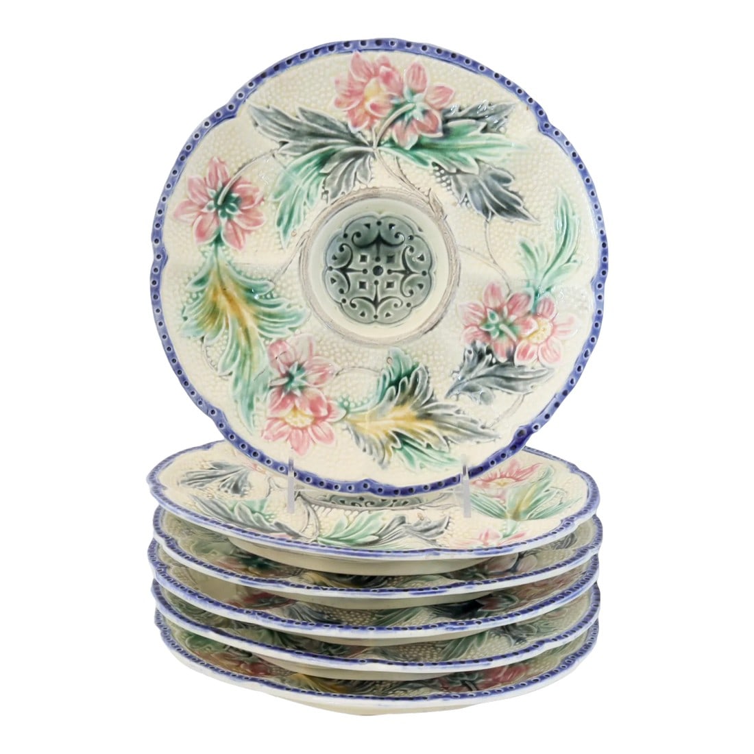 19th-C French Majolica Oyster Plates, Set of 6: Exquisite set of Antique French Barbotine Majolica Oyster Plates. Crafted with intricate artistry, each plate tells a story of timeless elegance. Add a touch of coastal beauty to your table. With a