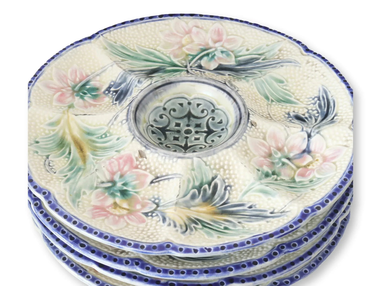 19th-C French Majolica Oyster Plates, Set of 6 - 3