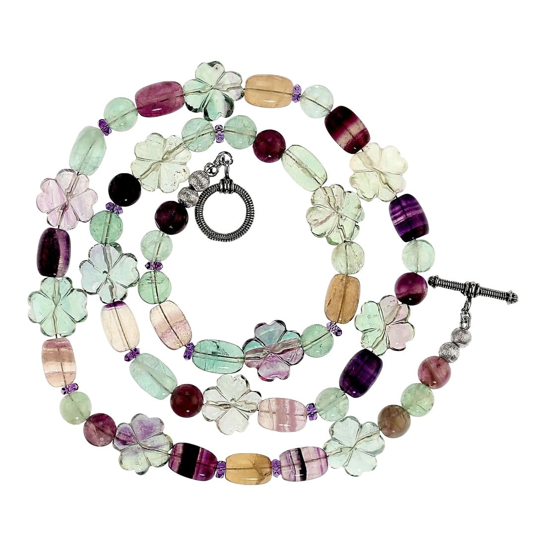 Ajd 25 Inch Multi Color Fluorite Necklace: This is part of Chairish's Fine Jewelry assortment. 25-Inch Fabulous Fluorite Necklace – Vibrant Springtime Gemstone Jewelry Add a pop of color to your spring wardrobe with this 25-inch