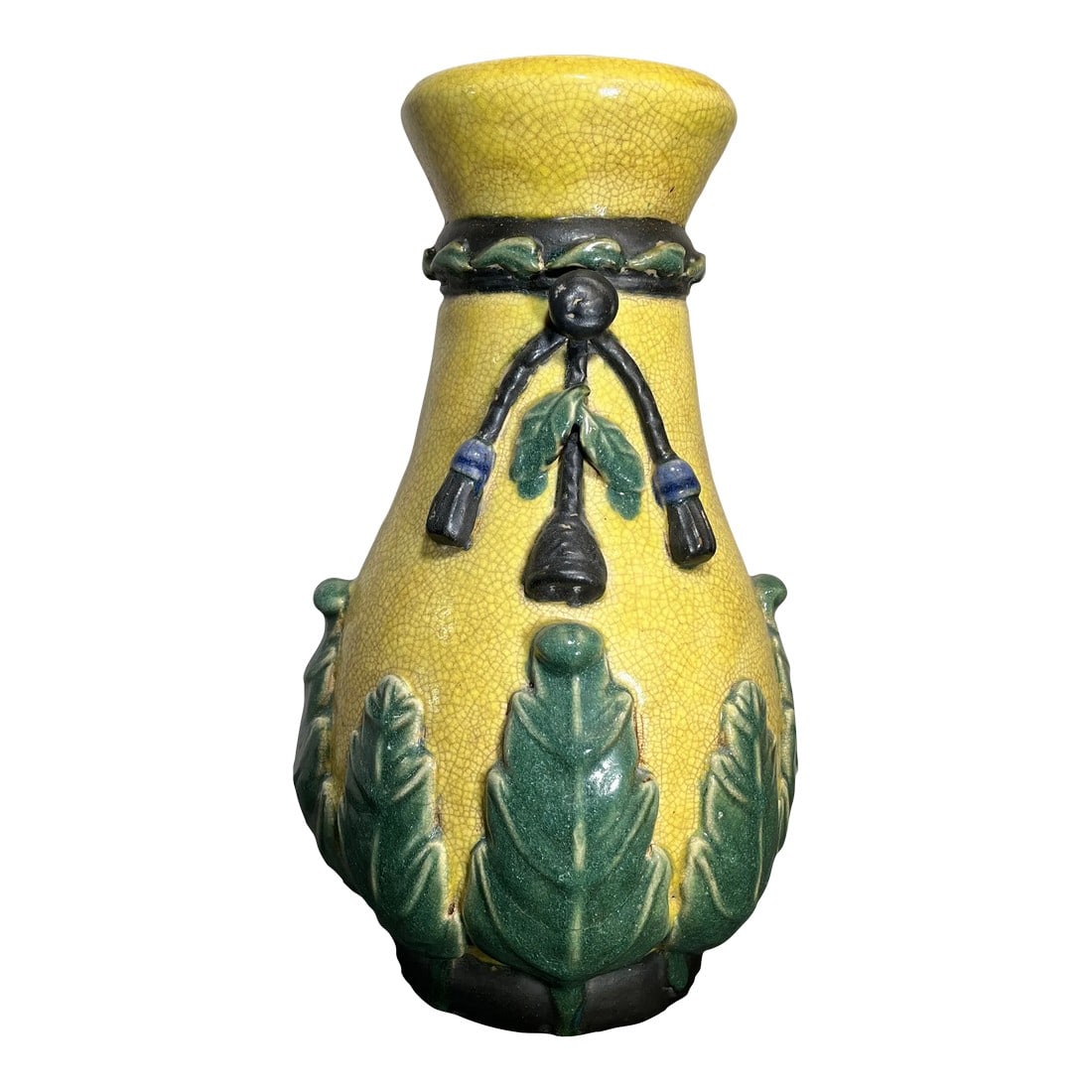 Large Late 20th Century Yellow Chinoiserie Craquelure Vase: Thick and heavy ceramic craquelere vase with applied leaves & tassel motif. Earthy tones of mustard yellow, green, cream, & black. Condition: Alterations: Original Condition Unaltered Imperfections: