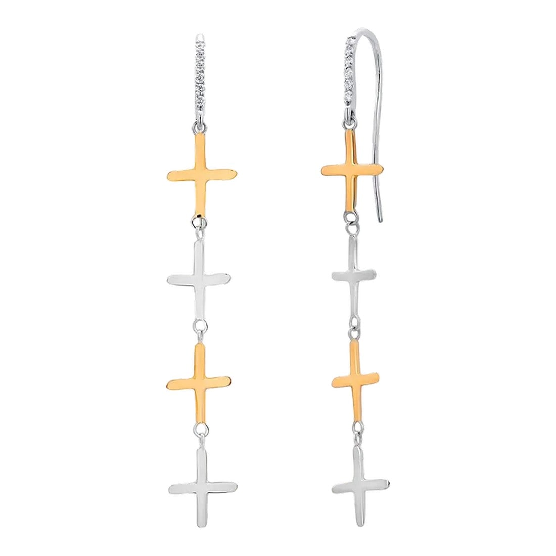 Eight 14 Karat White Yellow Gold Crosses Shepherd Diamond 0.25 Carat Hoop 2.60" Earrings - 2 Pieces: This is part of Chairish's Fine Jewelry assortment. Introducing our exquisite 14 Karat White and Yellow Gold Shepherd Hoop Earrings, adorned with 8 drop crosses embellished with sparkling diamonds,