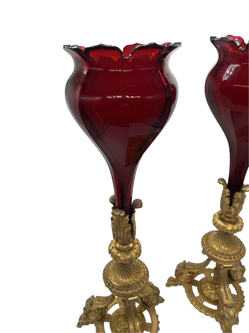 Exceptional - Baccarat Ruby Red Glass & Bronze Ormolu Neoclassical Trumpet Vases - 12