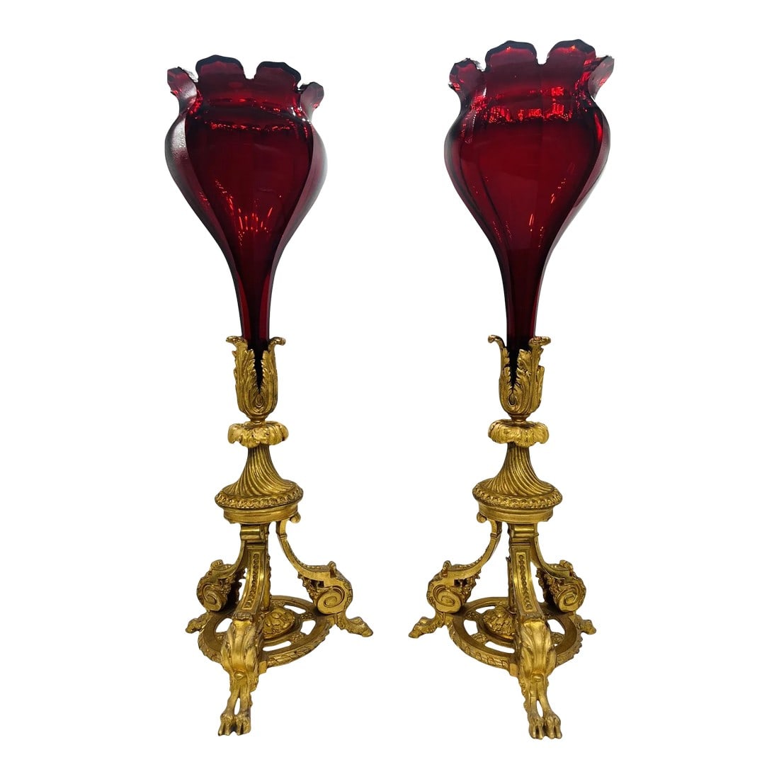 Exceptional - Baccarat Ruby Red Glass & Bronze Ormolu Neoclassical Trumpet Vases: Baccarat (French, founded 1764), circa mid to late 19th century. This pair of magnificent and highly unusual glass and bronze ormolu trumpet vases are almost certainly created by the renowned French