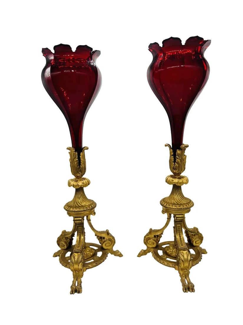 Exceptional - Baccarat Ruby Red Glass & Bronze Ormolu Neoclassical Trumpet Vases - 2