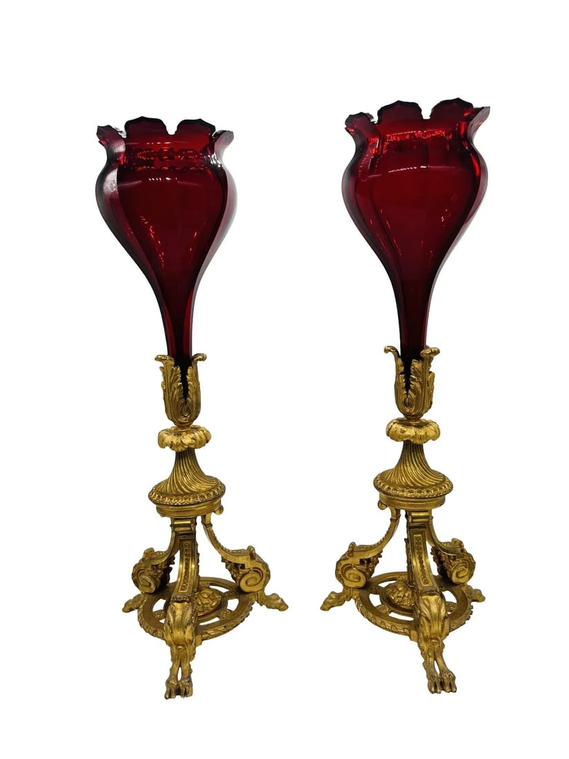 Exceptional - Baccarat Ruby Red Glass & Bronze Ormolu Neoclassical Trumpet Vases - 3
