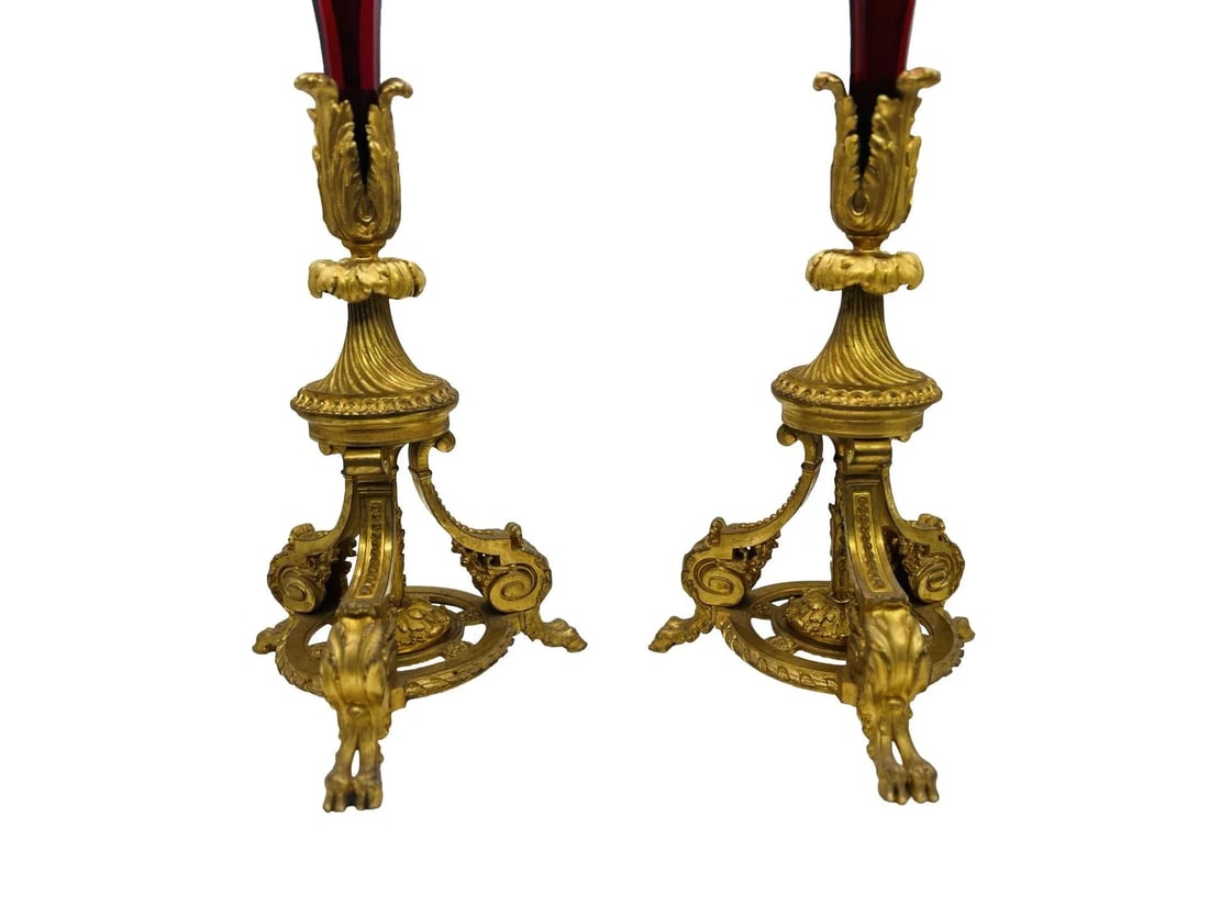 Exceptional - Baccarat Ruby Red Glass & Bronze Ormolu Neoclassical Trumpet Vases - 4