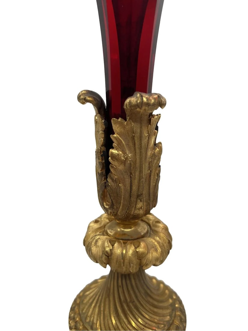 Exceptional - Baccarat Ruby Red Glass & Bronze Ormolu Neoclassical Trumpet Vases - 5