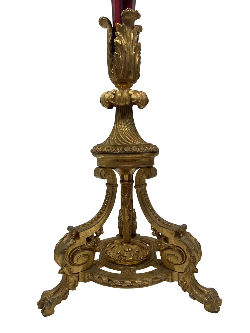 Exceptional - Baccarat Ruby Red Glass & Bronze Ormolu Neoclassical Trumpet Vases - 6