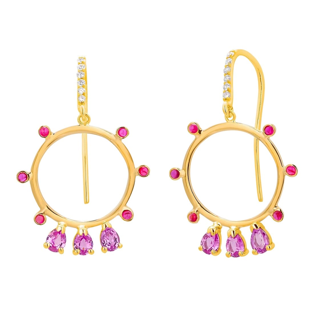 Pear Shaped Pink Sapphire Diamond Shepherd Hoop Circle 0.50 Inch 14 Karat Yellow Gold Earrings - 2 P: This is part of Chairish's Fine Jewelry assortment. This exquisite pair of earrings is crafted in 14-karat yellow gold, designed to add a touch of luxury to any ensemble. Each earring features a