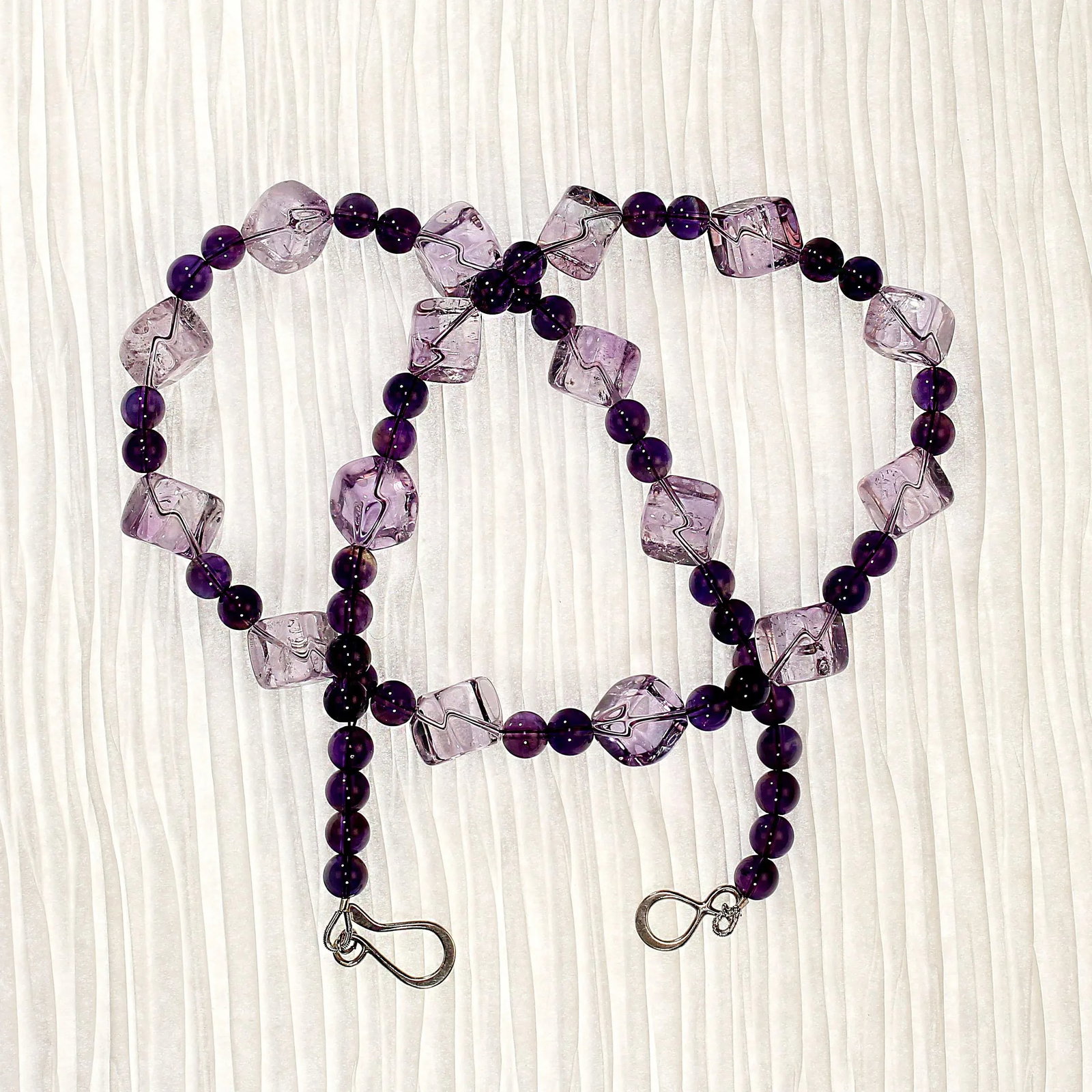 Rose of France Cubes and 6mm Amethyst Necklace - 8