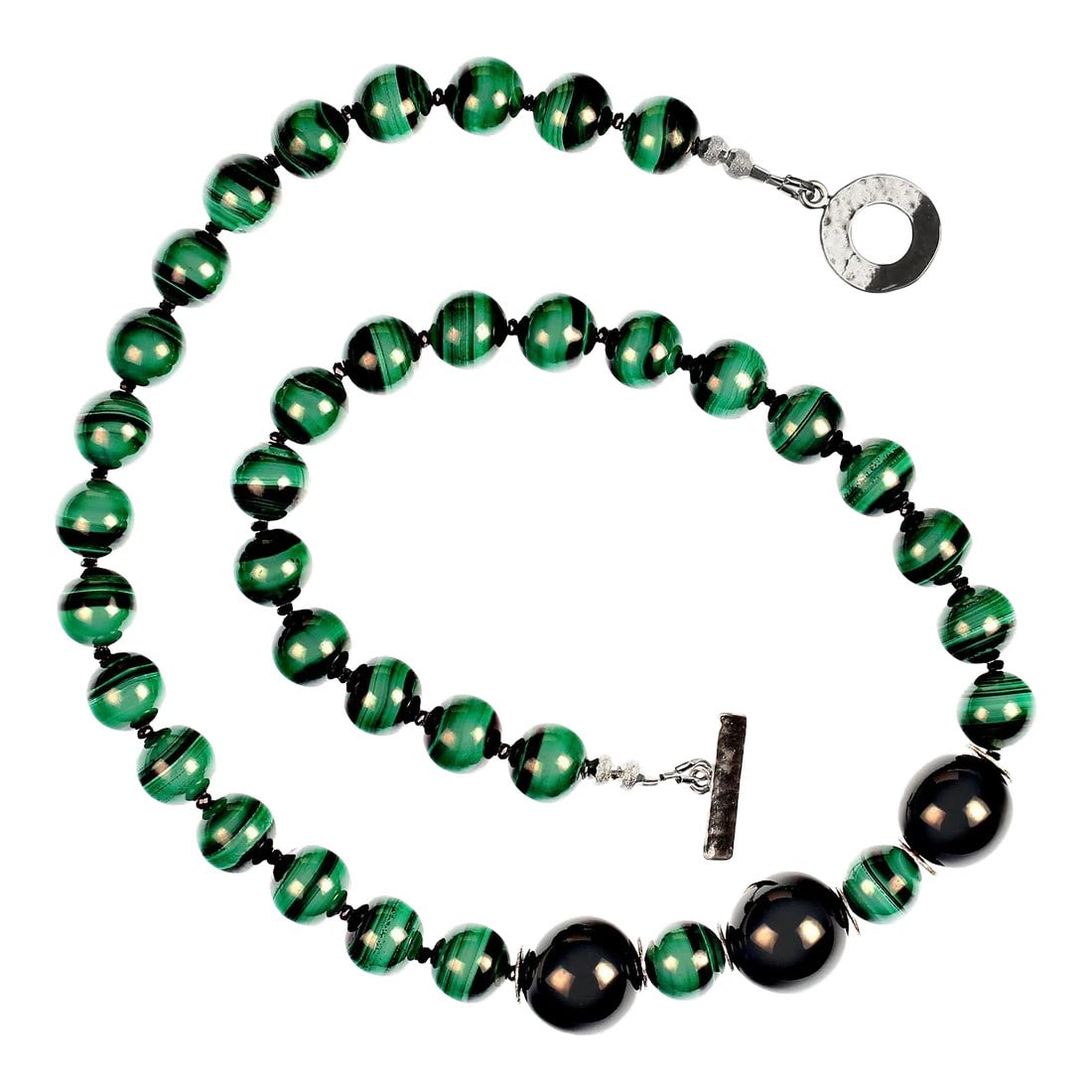 Ajd 20 Inch Malachite Necklace With Spinel and Onyx: This is part of Chairish's Costume Jewelry assortment. Immerse yourself in timeless elegance with this magnificent 20-inch Malachite necklace, a true statement of luxury and sophistication. The