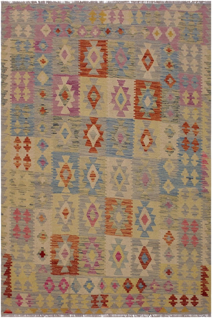 Shabby Chic Tribal Kilim Hand-Woven Wool Rug -5'0 X 6'6: Add a touch of elegance to your home with this casual chic hand woven Tribal Kilim wool rug. Constructed on a loom by Nomad Turkman people with hand spun wool and 100% Natural Vegetable dyes these bea
