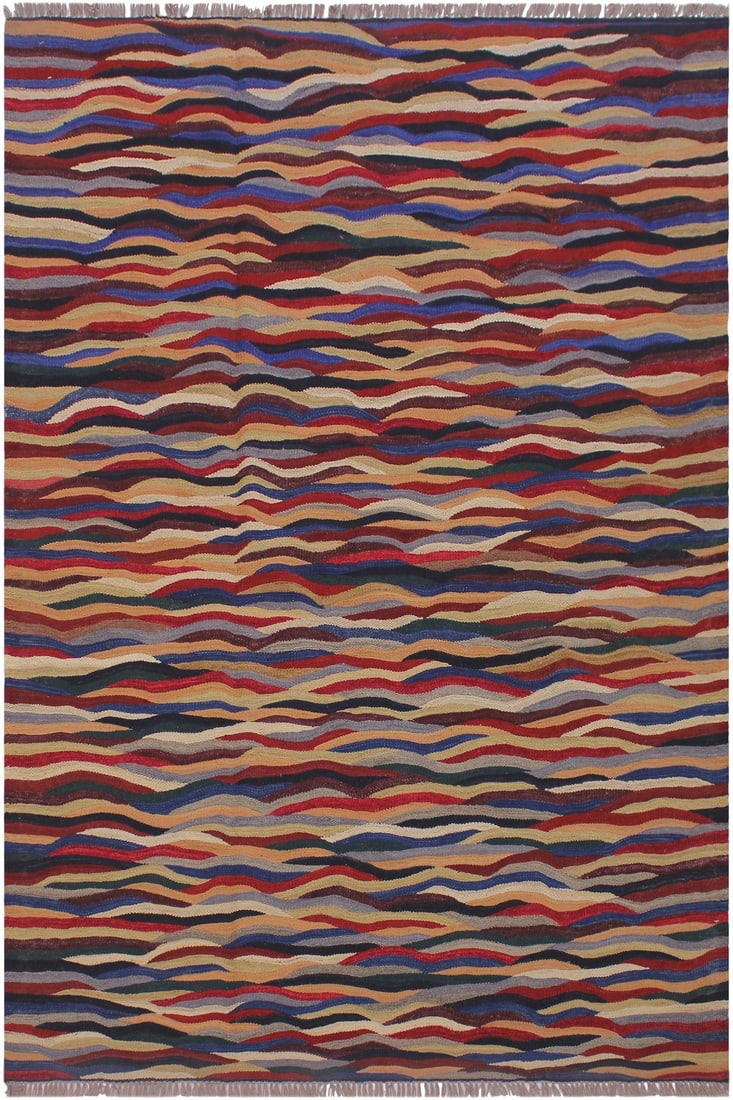Abstract Kilim Red Hand-Woven Wool Rug - 5"² × 6"²8"³: Add a touch of elegance to your home with this casual chic hand woven Tribal Kilim wool rug. Constructed on a loom by Nomad Turkman people with hand spun wool and 100% Natural Vegetable dyes these bea