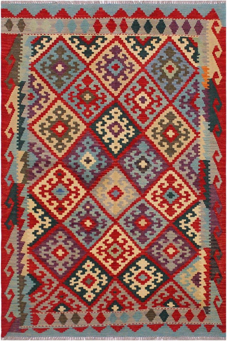 Navajo Style Kilim Red Hand-Woven Wool Rug -4"²2"³ × 5"²8"³: Add a touch of elegance to your home with this casual chic hand woven Tribal Kilim wool rug. Constructed on a loom by Nomad Turkman people with hand spun wool and 100% Natural Vegetable dyes these