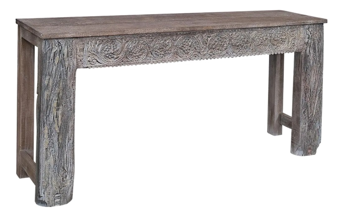 1980s Carved Doorframe Upcycled Distressed Solid Wood Console: Dimensions: 62" W x 15" D x 31" H This piece utilizes old architectural elements, re-claimed woods and is handcrafted by artisans using basic hand tools. Due to the nature of this creative process,