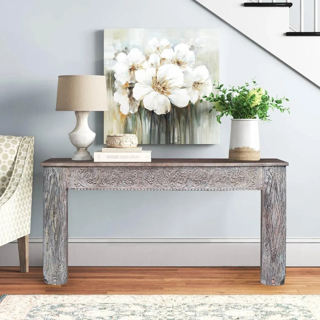1980s Carved Doorframe Upcycled Distressed Solid Wood Console - 2