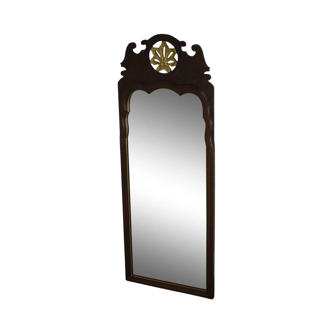 Georgian Style Beveled Mirror Flame Mahogany Pierced Giltwood Carved Looking Glass: High Quality American Made Mahogany Frame Beveled Mirror with Pierced Giltwood Panel - Unsigned Maker Possibly Baker or Councill Craftsmen Condition: Alterations: Original Condition Unaltered