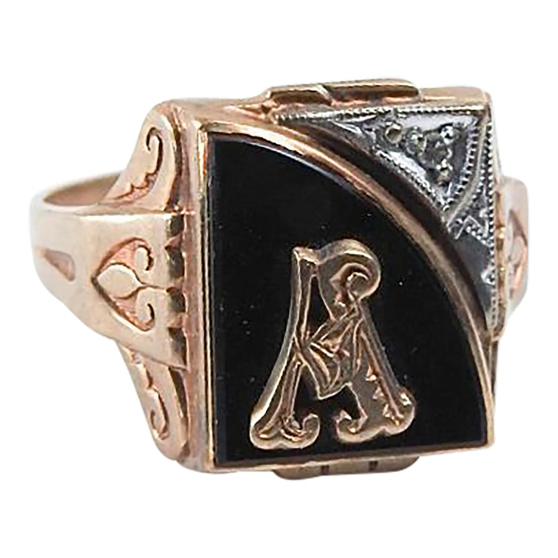 Early 20th Century Kinsley 10k Gold Onyx Initial Ring: Early 20th century 10K, black onyx and tiny diamond initial "A" ring by Kinsley & Sons, Gothic. Marked inside of band, size 10.5, minor surface wear. Condition: Alterations: Original Condition