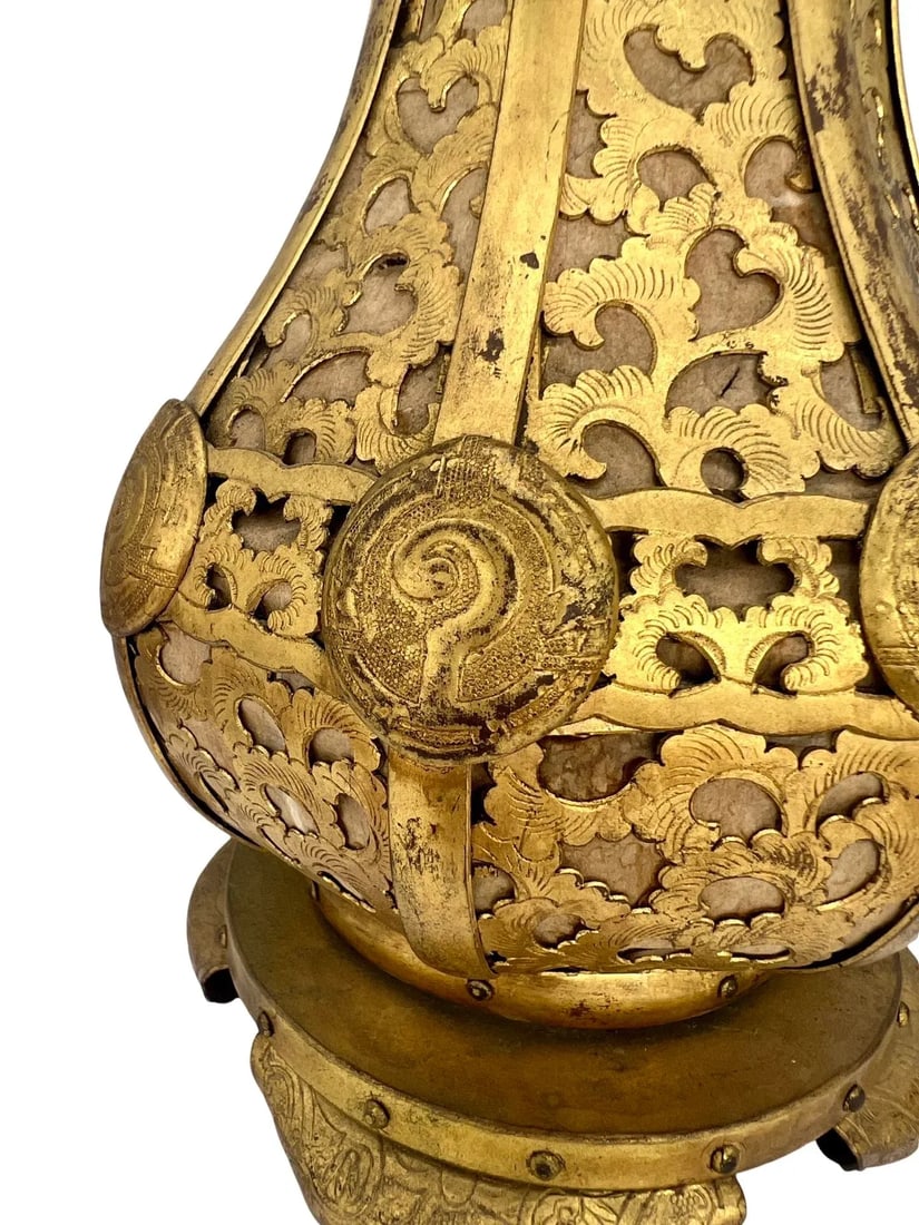 Pair, Meiji Period Japanese Gilt Bronze & Parchment Pierced Lanterns Hang or Table - 11
