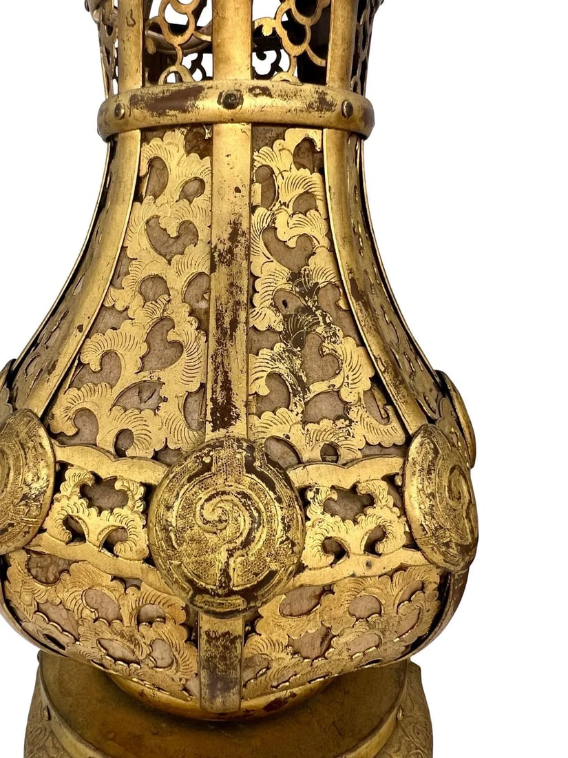 Pair, Meiji Period Japanese Gilt Bronze & Parchment Pierced Lanterns Hang or Table - 12