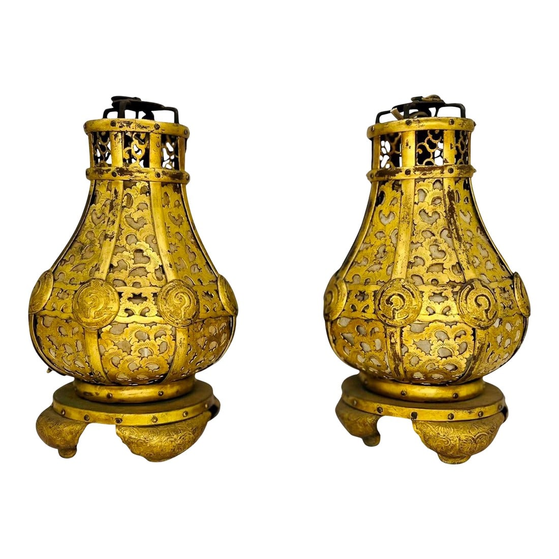 Pair, Meiji Period Japanese Gilt Bronze & Parchment Pierced Lanterns Hang or Table: Japanese, (meiji era 1868–1912). An absolutely stunning pair of Japanese Meiji period gilt bronze and brass lanterns. Each hand cast bronze oval openwork "vase" form lantern crafted in gilt fini