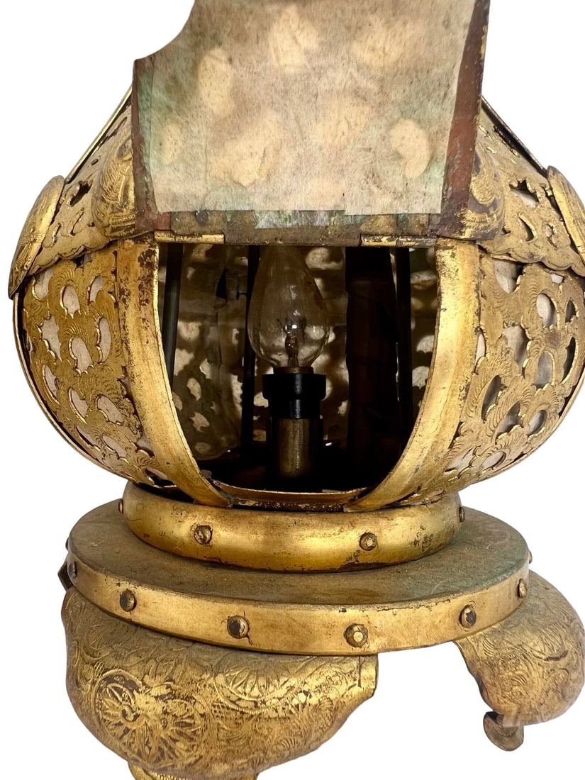 Pair, Meiji Period Japanese Gilt Bronze & Parchment Pierced Lanterns Hang or Table - 5