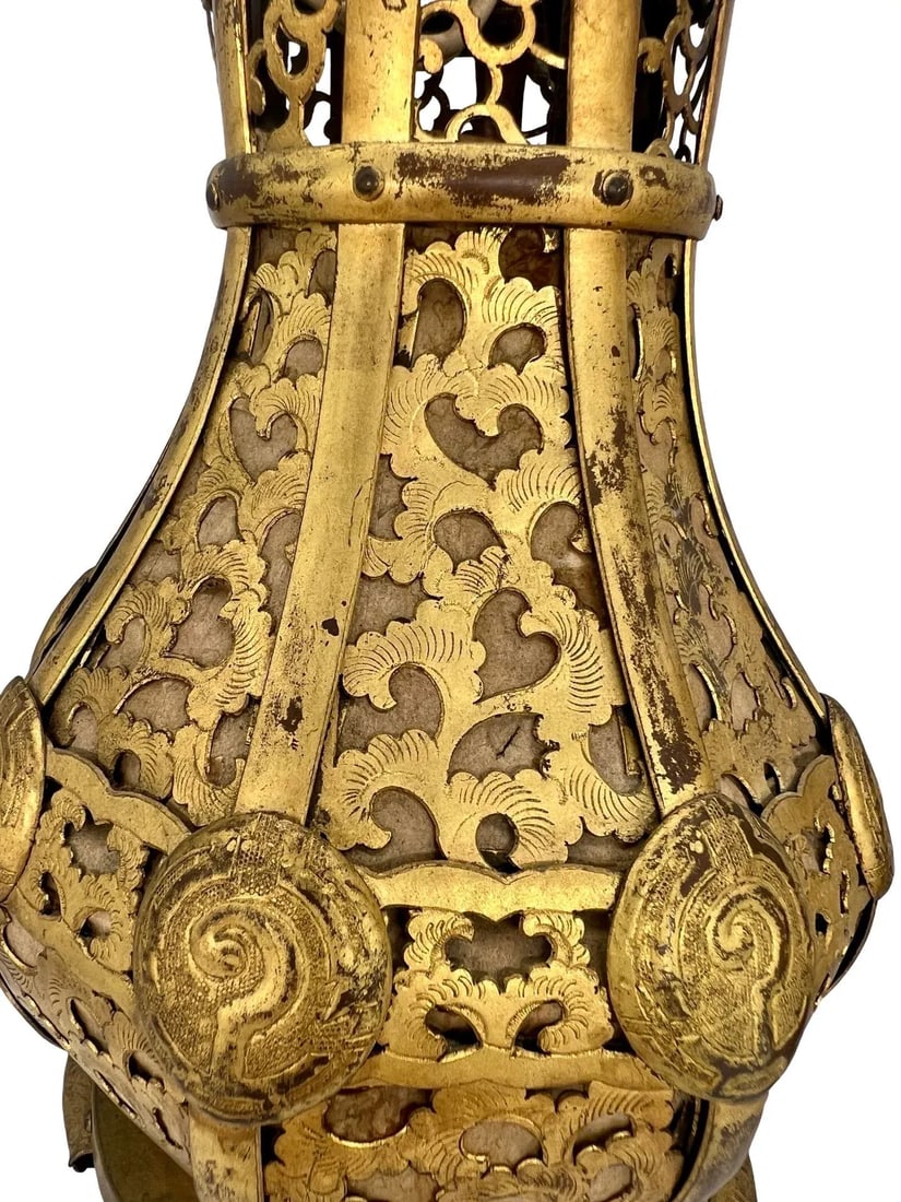 Pair, Meiji Period Japanese Gilt Bronze & Parchment Pierced Lanterns Hang or Table - 7