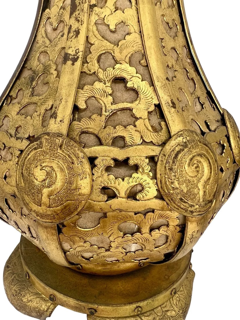 Pair, Meiji Period Japanese Gilt Bronze & Parchment Pierced Lanterns Hang or Table - 8