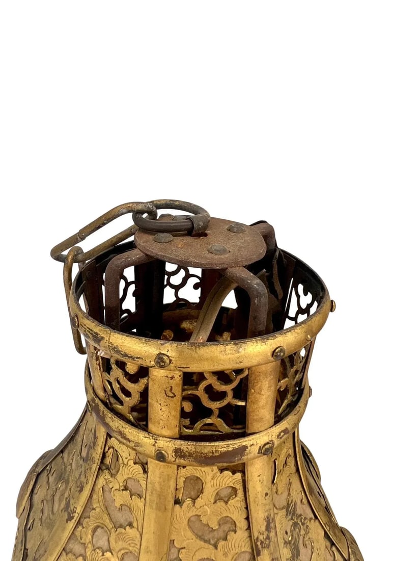 Pair, Meiji Period Japanese Gilt Bronze & Parchment Pierced Lanterns Hang or Table - 9