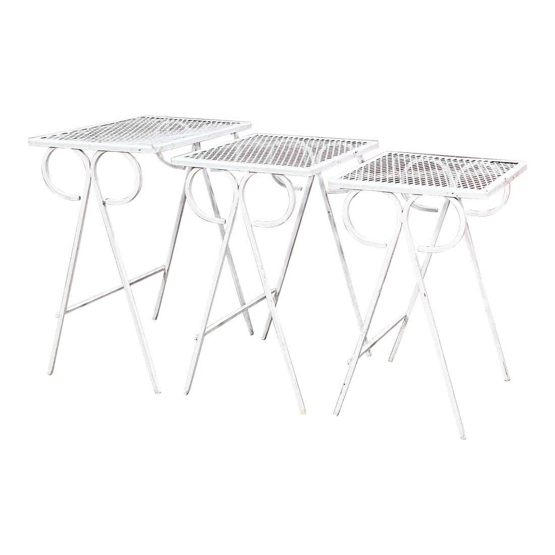 Vintage Mid Century Modern Salterini Wrought Iron Nesting Tables - Set of 3: Fabulous set of 3 vintage mid century modern white wrought iron Salterini nesting tables! Great lines, very sleek and well constructed. They measure 15" wide, 10 3/4" deep and 18 1/2" tall (the larges