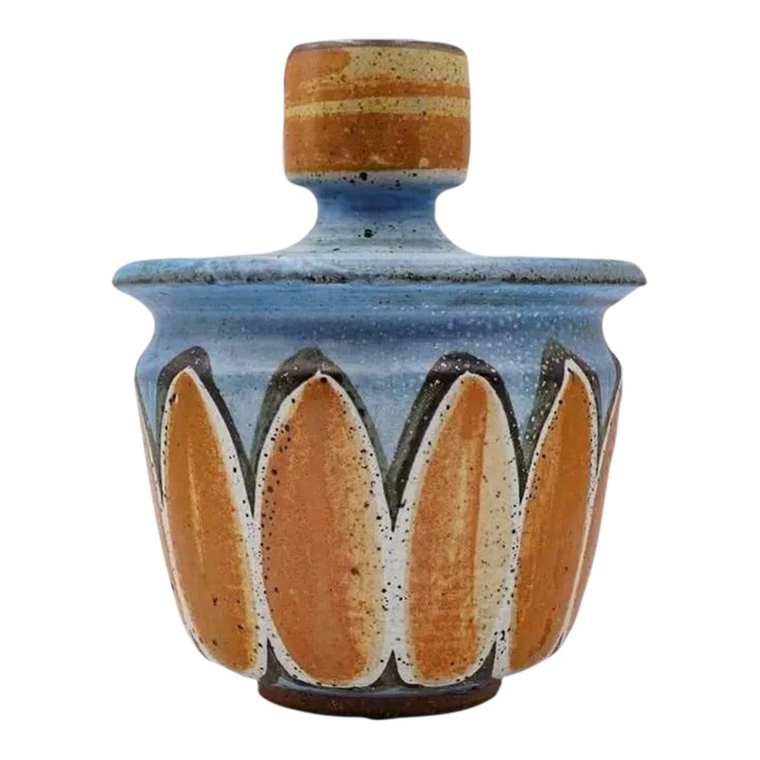 Vintage Mid 20th Century Large Joel Edwards Covered Pot: Vintage mid 20th century large lidded pottery pot by Joel Edwards (1923 - 2007) California. Signed on bottom, blue matte glaze with ochre leaf design, speckled gray glazed interior. Well known
