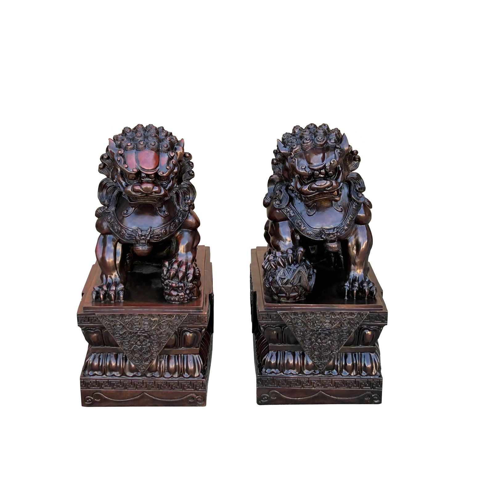 Pair Chinese Dark Brown Bronze Metal Foo Dog Lion Fengshui Figures - 11