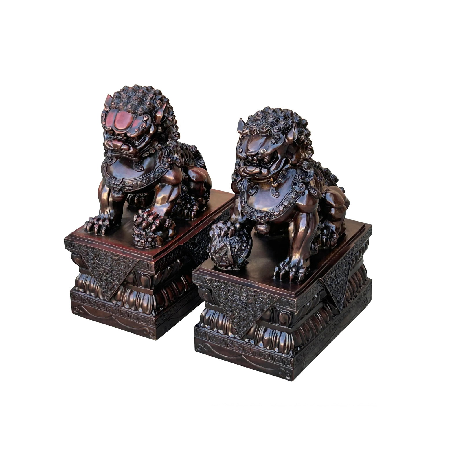 Pair Chinese Dark Brown Bronze Metal Foo Dog Lion Fengshui Figures - 12