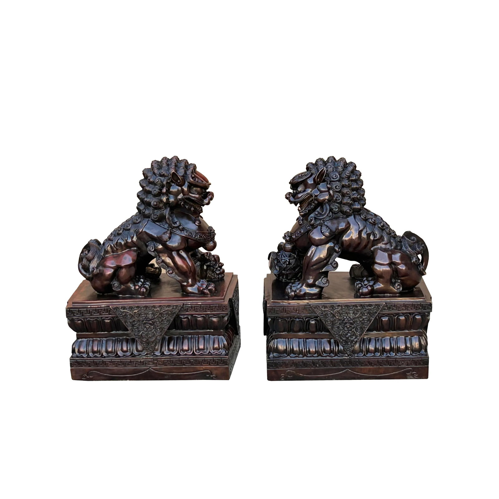 Pair Chinese Dark Brown Bronze Metal Foo Dog Lion Fengshui Figures - 2